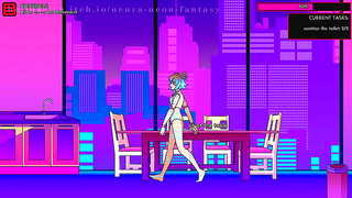 Cyber Seduction: Neon Goddess Tempts Hero in Futuristic Hentai Fantasy