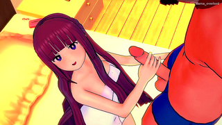 Ferns Lush Violet Locks Drape Down as She Seduces in Silky Towel – Steamy 3D Encounter