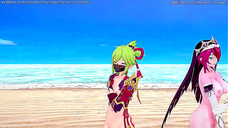 Rosaria Kuki Spark Steamy Night With Shinobu in Genshin MMD Fantasy